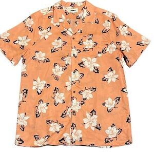 Unison Short‎ Sleeve Shirt  XL Camp Collar Linen Blend Peach Hawaiian Floral NWT